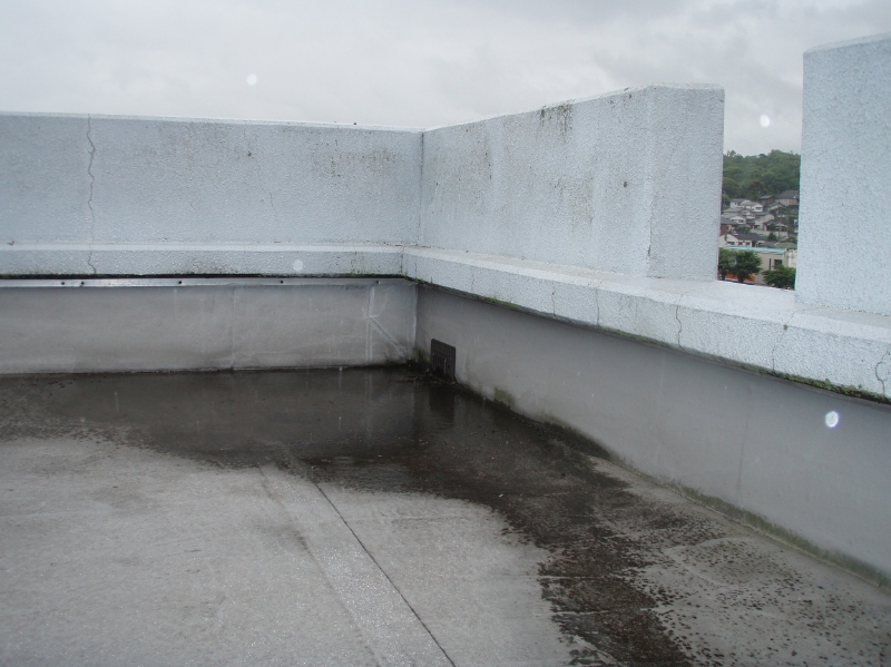 ゴムシート防水の排水ドレイン周りが水たまりになっている。ごみの堆積が原因か？