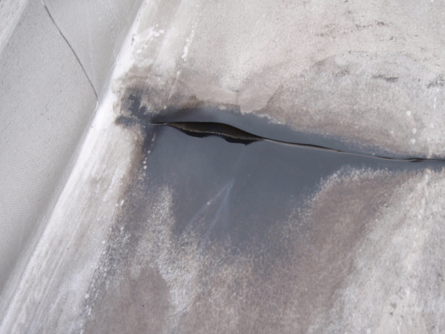 ゴムシート防水の平場シート間に剥離が起こり、雨水の浸入がみられる。