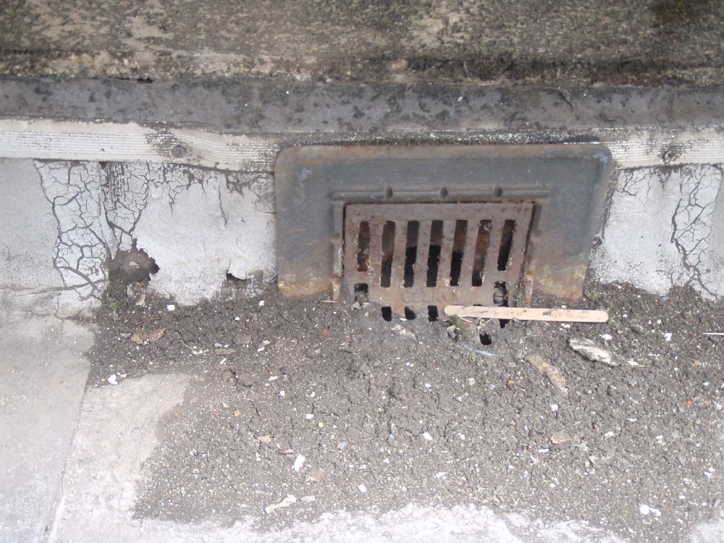 アスファルト防水露出工法の立上り。鋳物の排水ドレインと同じ高さしかない。