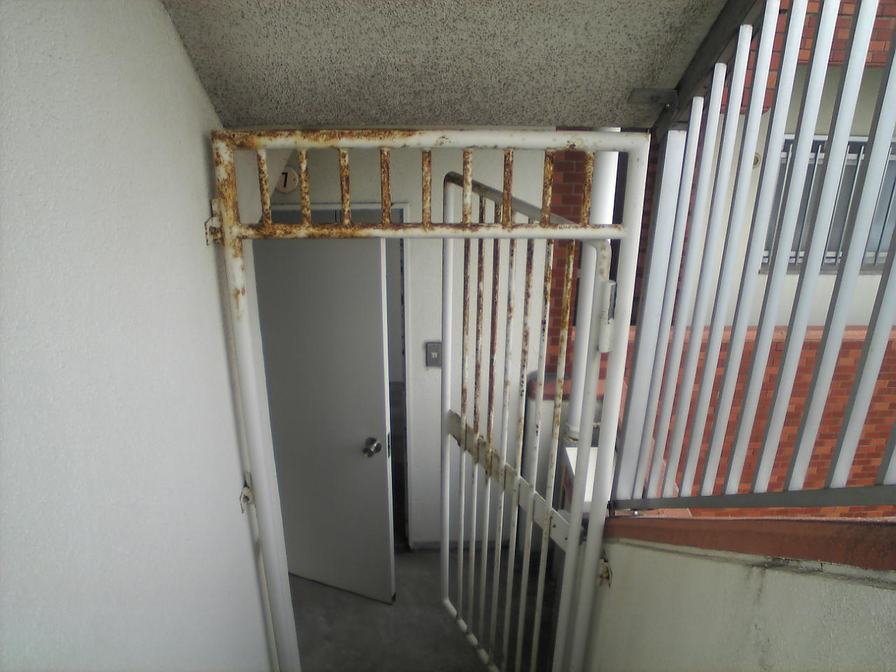 屋上出入口の鉄製格子戸。発錆とチョーキング（白亜化）が進行している。